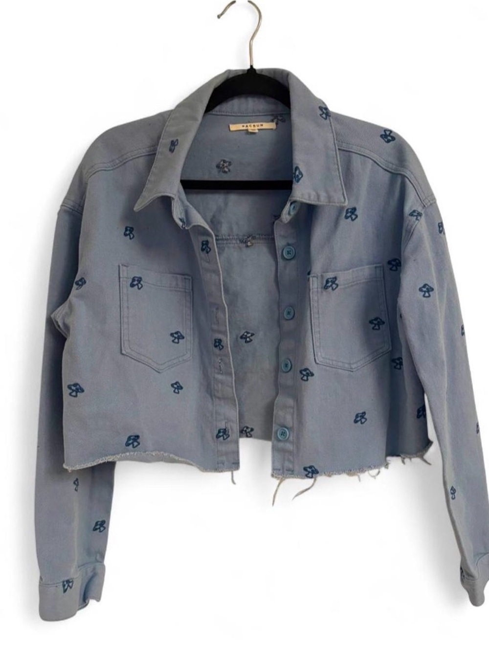 PacSun Blue Cropped Embroidered Jean Jacket with Mushrooms